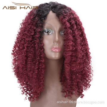 Aisi Hair Medium Long Ombre Red Dark Root Wig Afro Kinky Curly Lace Frontal Wig Synthetic Front Lace Hair Wigs For Black Women